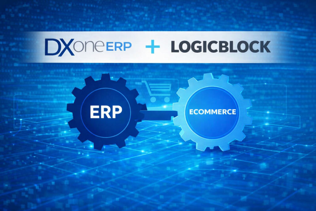 DXone ERP and Logicblock logos on connected digital background representing integrated eCommerce and ERP workflow for imaging and office supply dealers