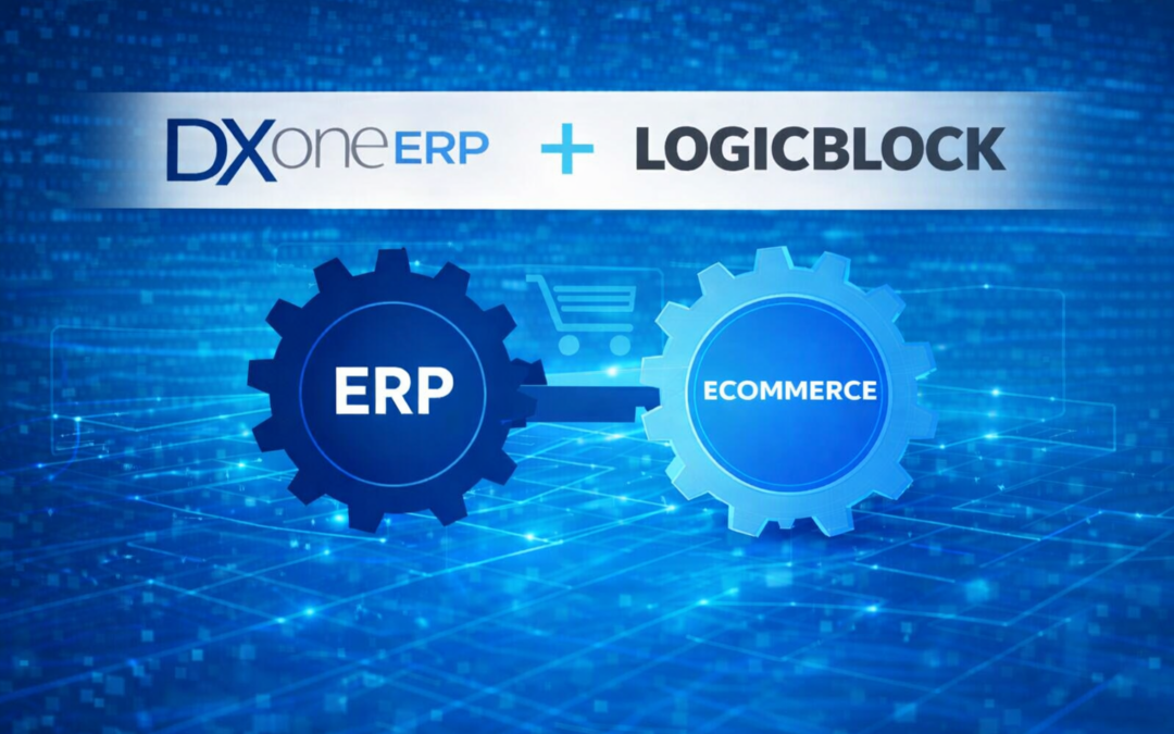 DXone ERP and Logicblock logos on connected digital background representing integrated eCommerce and ERP workflow for imaging and office supply dealers