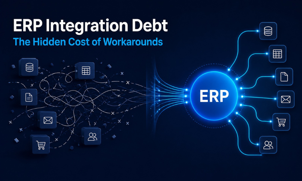 Digital graphic showing disconnected ERP workflows transforming into a connected ERP hub, illustrating ERP integration debt and the hidden cost of business workarounds.